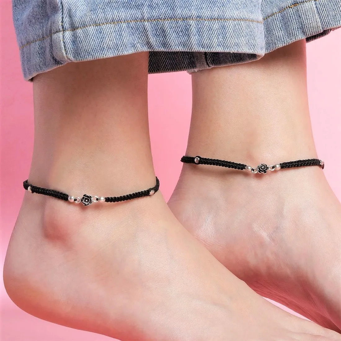 Floral Beads Rhodium Plated 925 Sterling Silver Thread Anklet