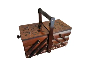 Fold out box for craft and art supplies, dark brown sewing box made from wood, ornamental jewellery box, handmade storage, vintage style box