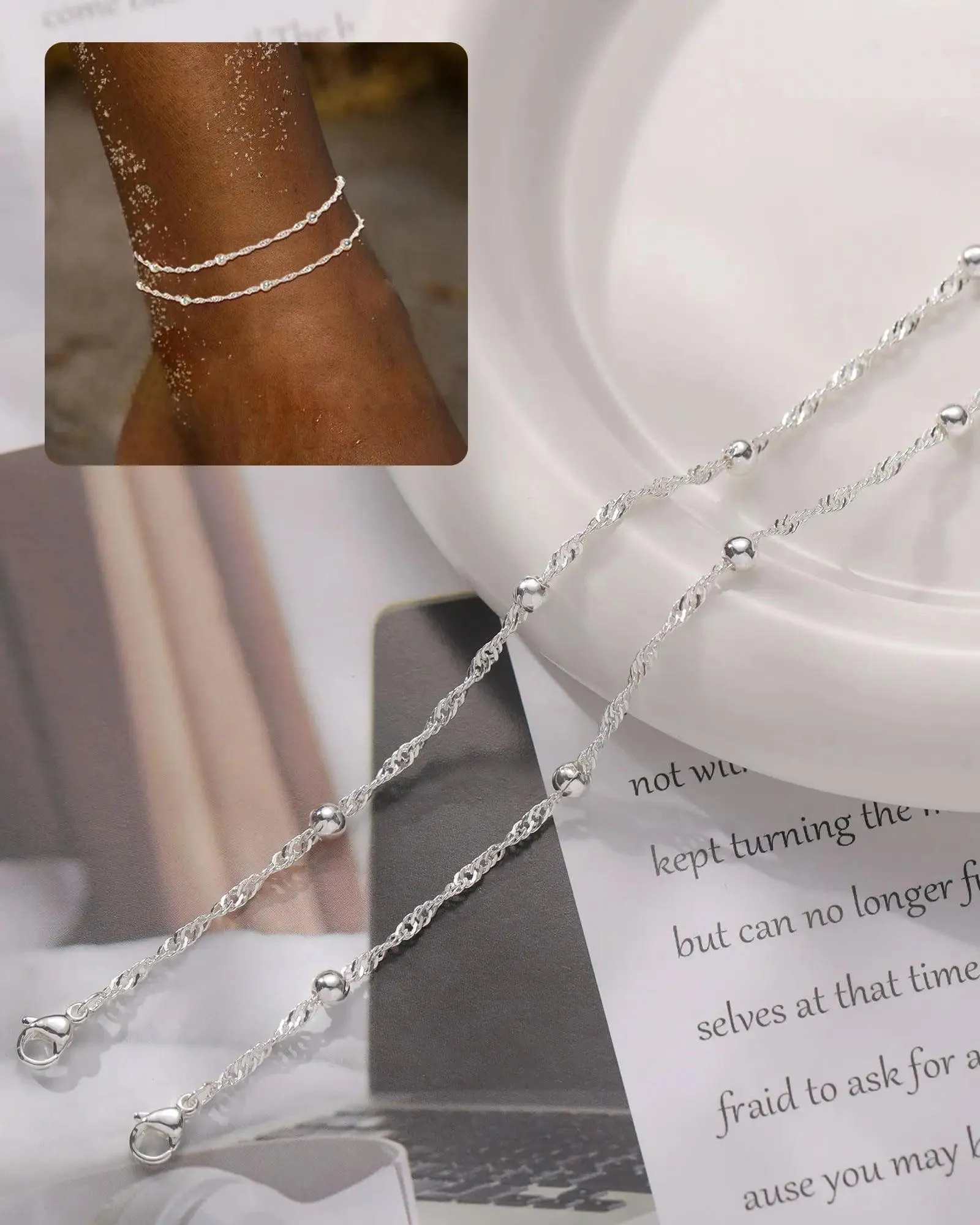 FUNEIA Gold Silver Ankle Bracelets for Women Waterproof 14K Gold Plated Anklets for Women Non Tarnish Dainty Layered Beaded Heart Anklet Set Summer Beach Foot Chain Jewelry Teen Girls Gifts Trendy Stuff