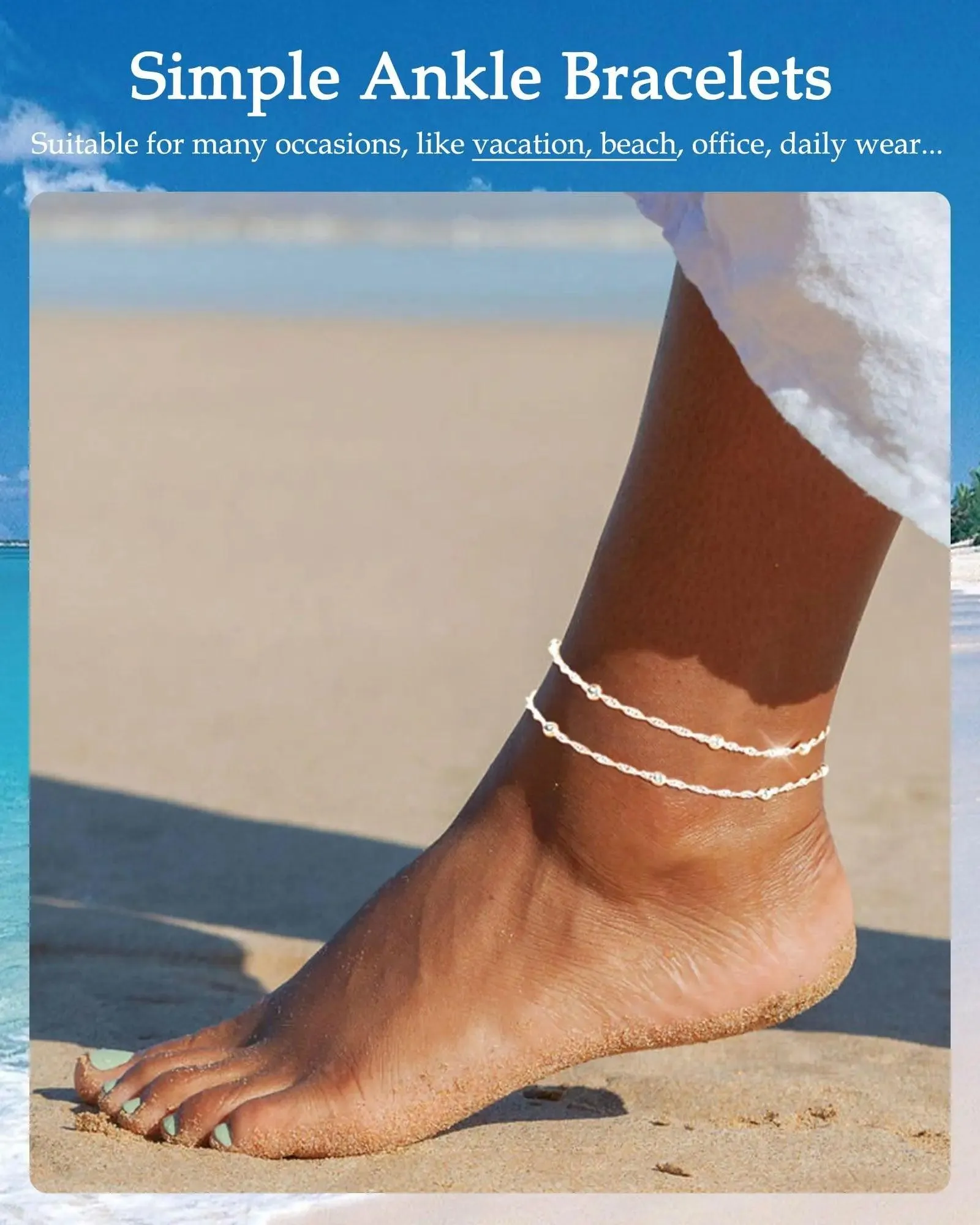 FUNEIA Gold Silver Ankle Bracelets for Women Waterproof 14K Gold Plated Anklets for Women Non Tarnish Dainty Layered Beaded Heart Anklet Set Summer Beach Foot Chain Jewelry Teen Girls Gifts Trendy Stuff