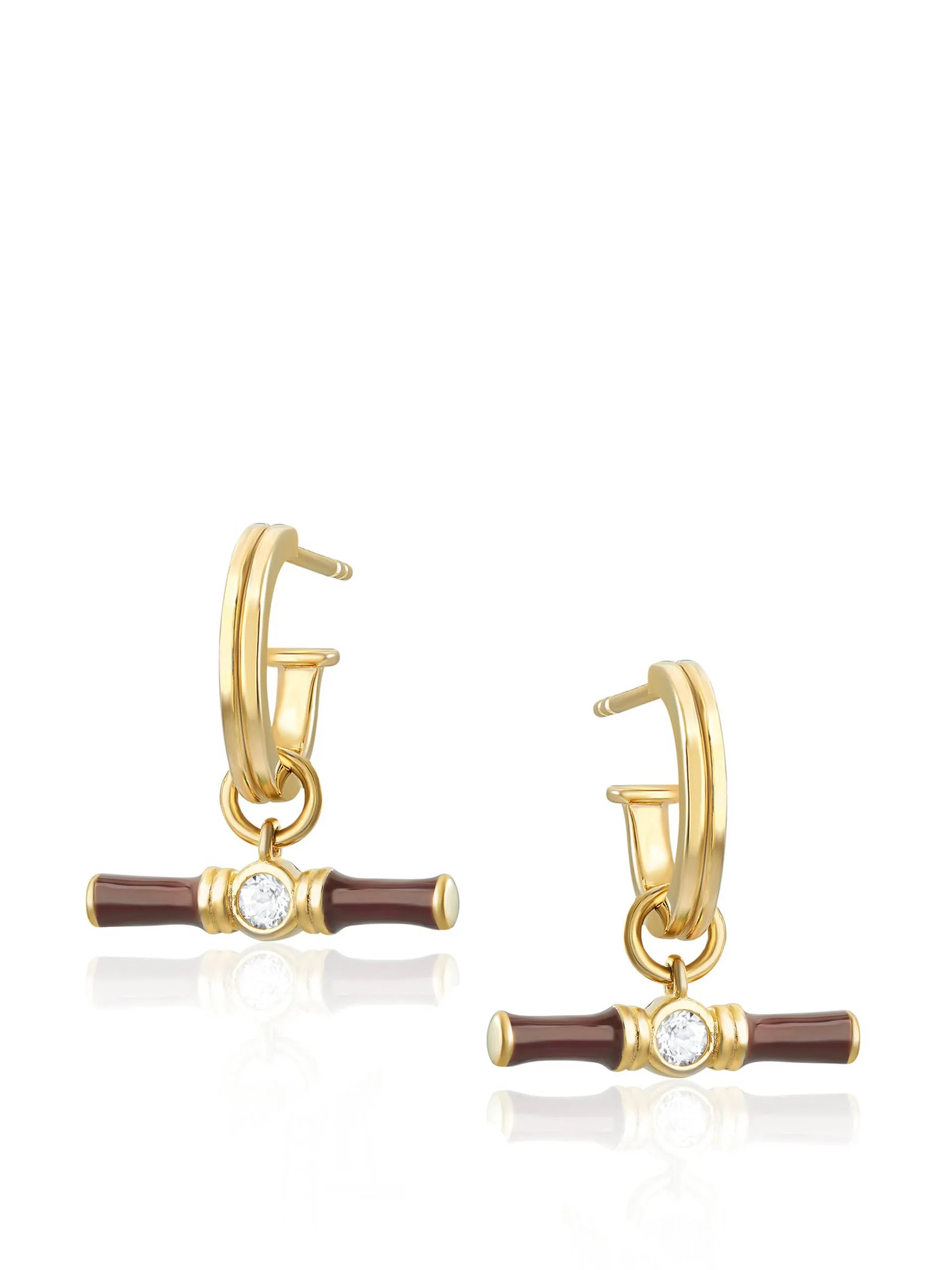 Gold Dyllan hoop earrings with brown enamel t-bar charms