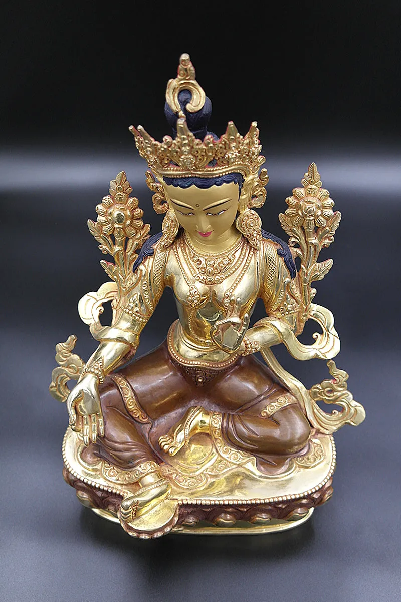 Green Tara statue with full Gold Plated from Nepal 13"