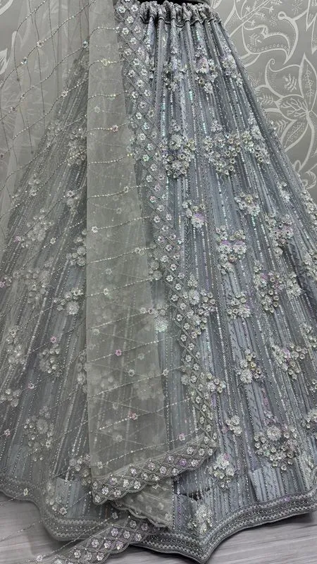Grey Bridal Net Lehenga with Stunning Embroidery and Stone Work
