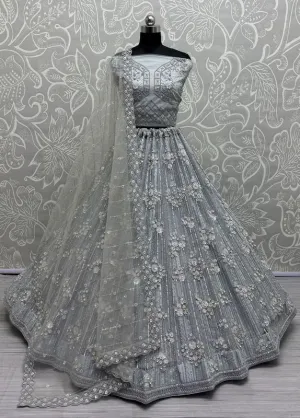 Grey Bridal Net Lehenga with Stunning Embroidery and Stone Work