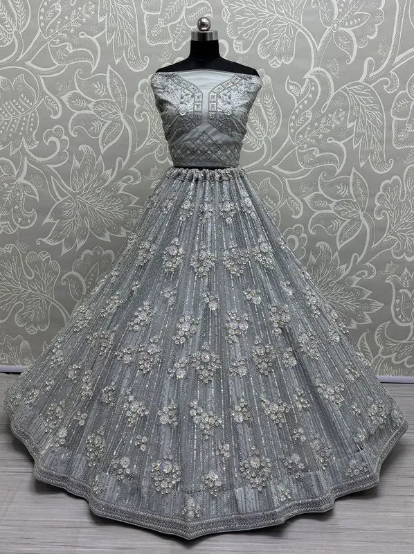 Grey Bridal Net Lehenga with Stunning Embroidery and Stone Work
