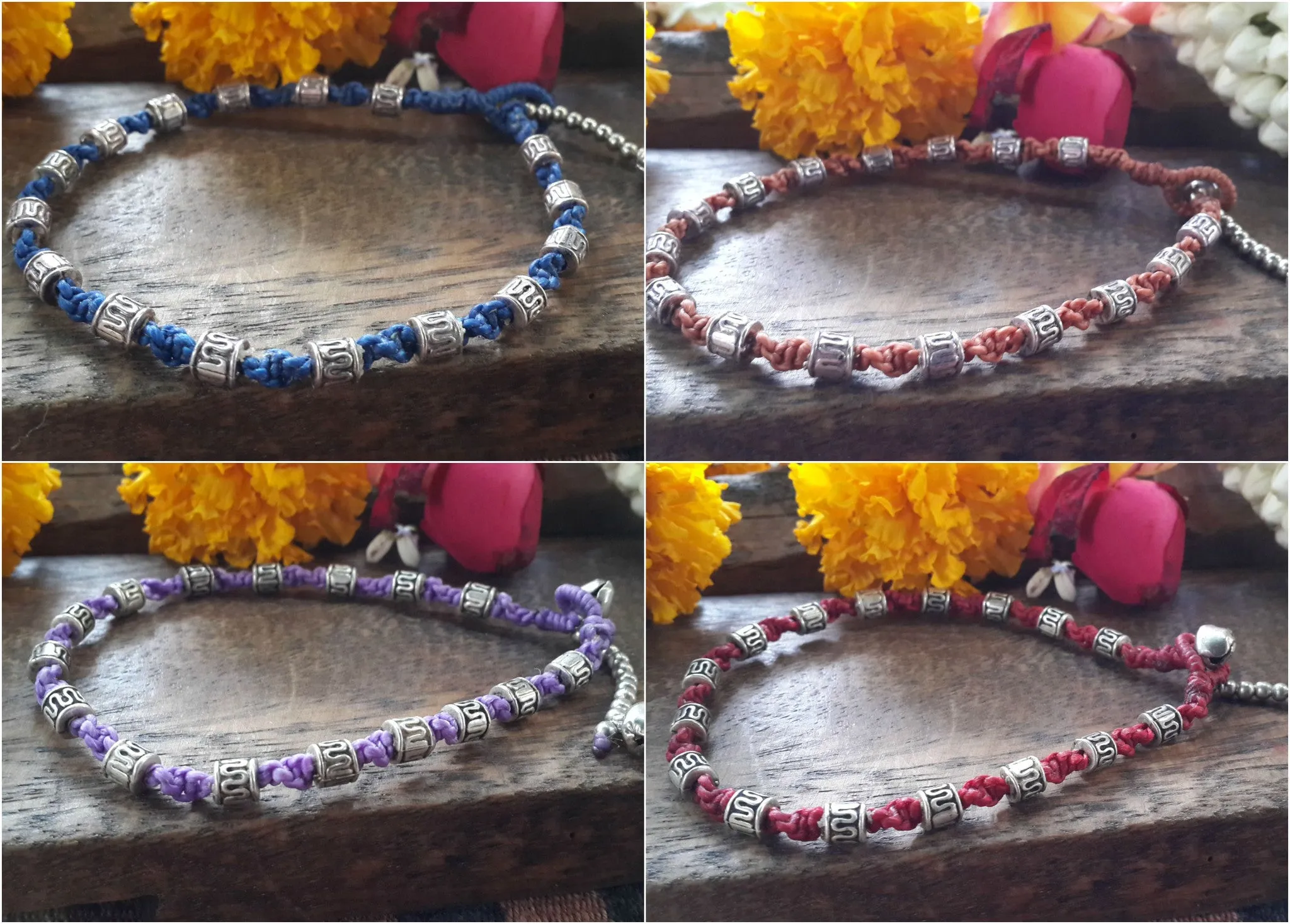 Hand Made Fair Trade Anklet Waxed Cotton Silver Beads Turquoise