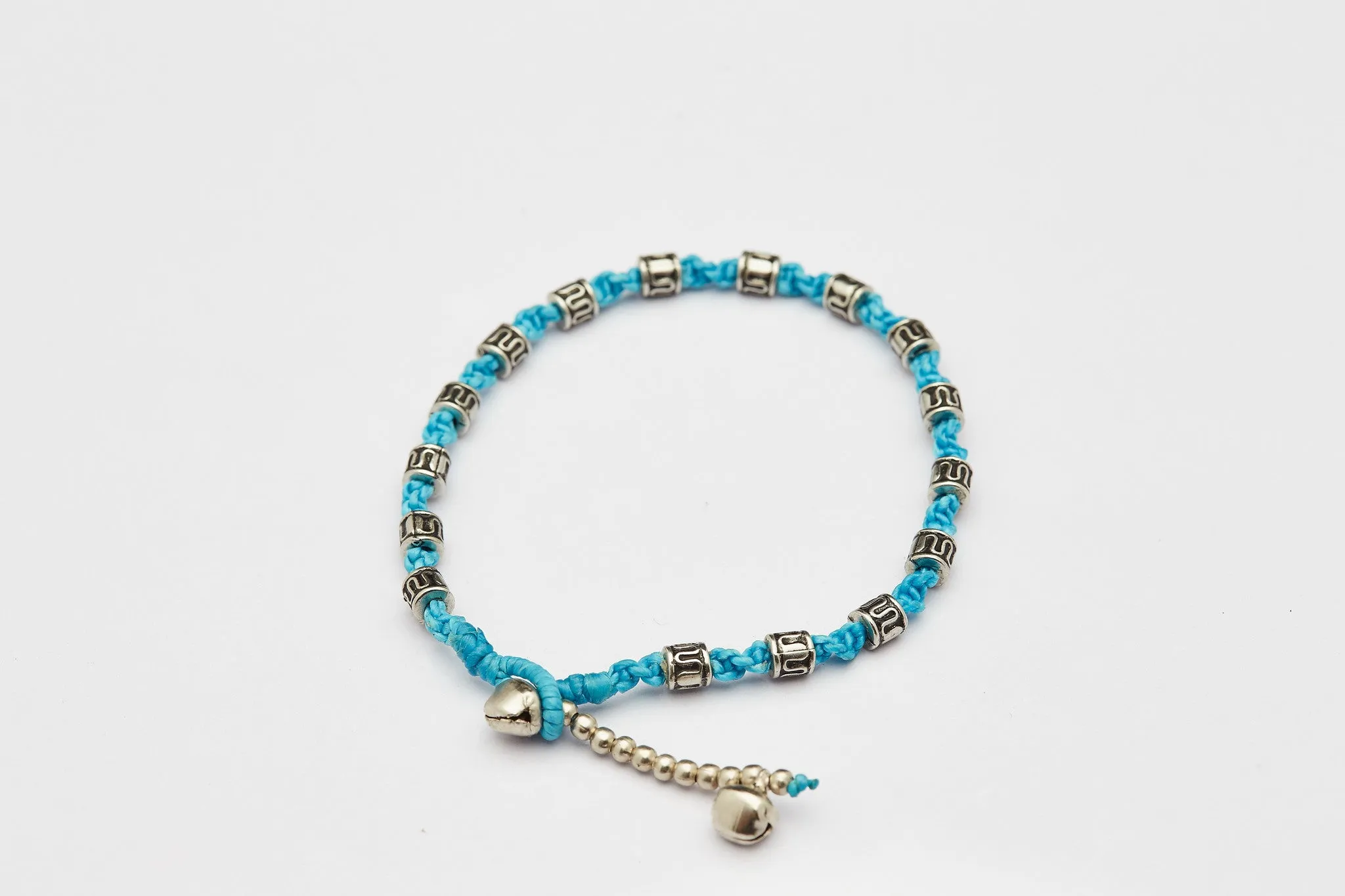 Hand Made Fair Trade Anklet Waxed Cotton Silver Beads Turquoise