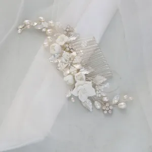 Handmade White Porcelain Flower Wedding Comb Hair Piece With Pearls