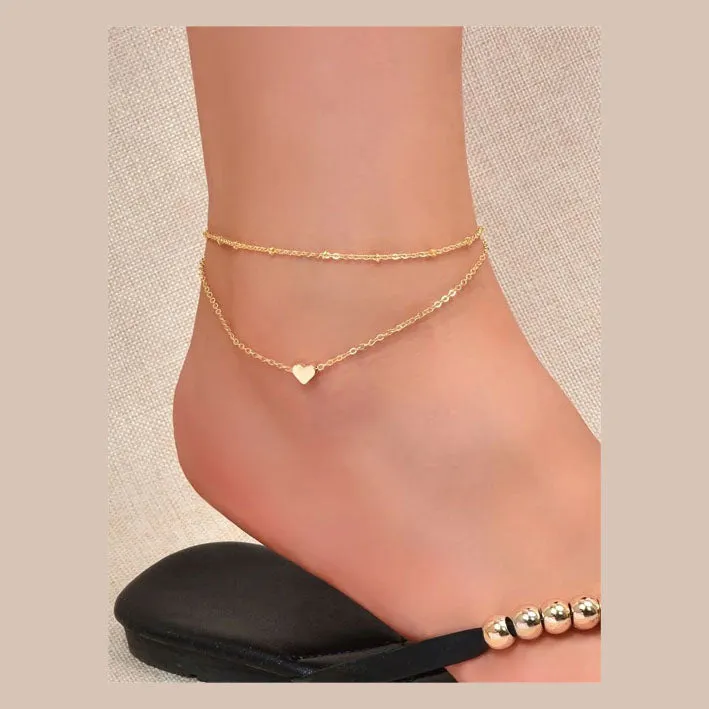 Heart Decor Layered Anklet Yellow Gold