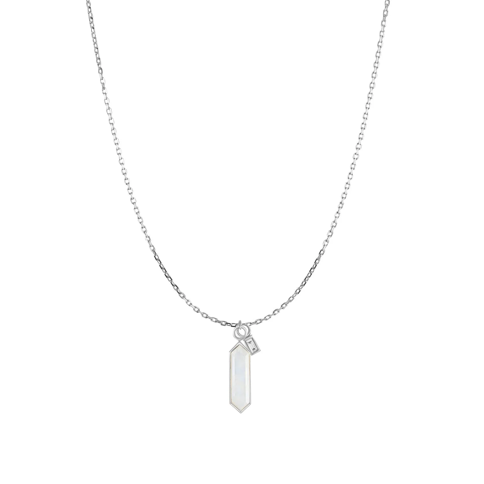 Hexa Moonstone & White Diamond Baguette Necklace - 9ct White Gold - NK-16-18H-WG-HEXMS-BAG-WD
