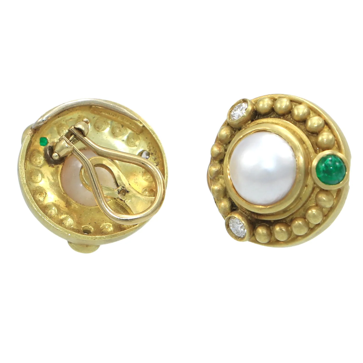 Judith Ripka 18k Yellow Gold 9mm Pearl .50ct Diamond Cabochon Emerald Earrings