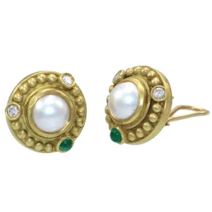Judith Ripka 18k Yellow Gold 9mm Pearl .50ct Diamond Cabochon Emerald Earrings
