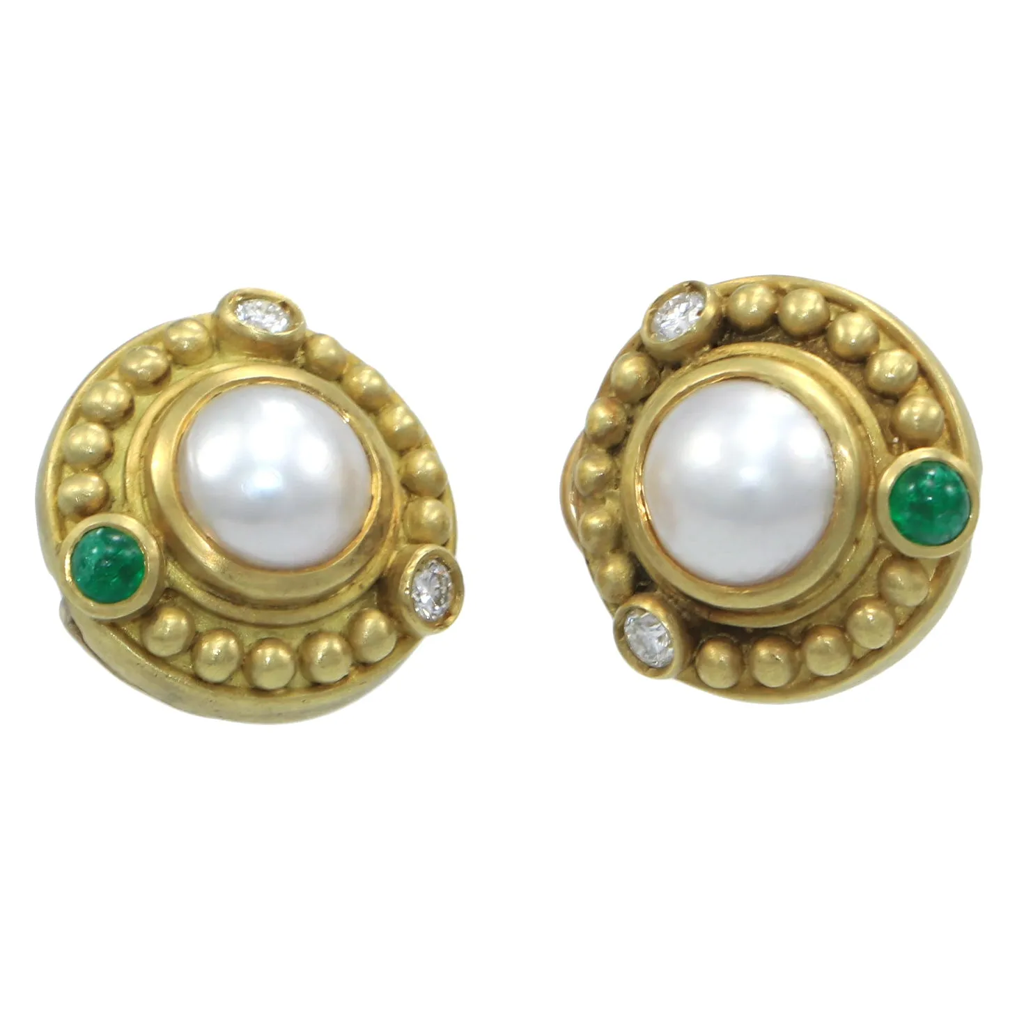 Judith Ripka 18k Yellow Gold 9mm Pearl .50ct Diamond Cabochon Emerald Earrings
