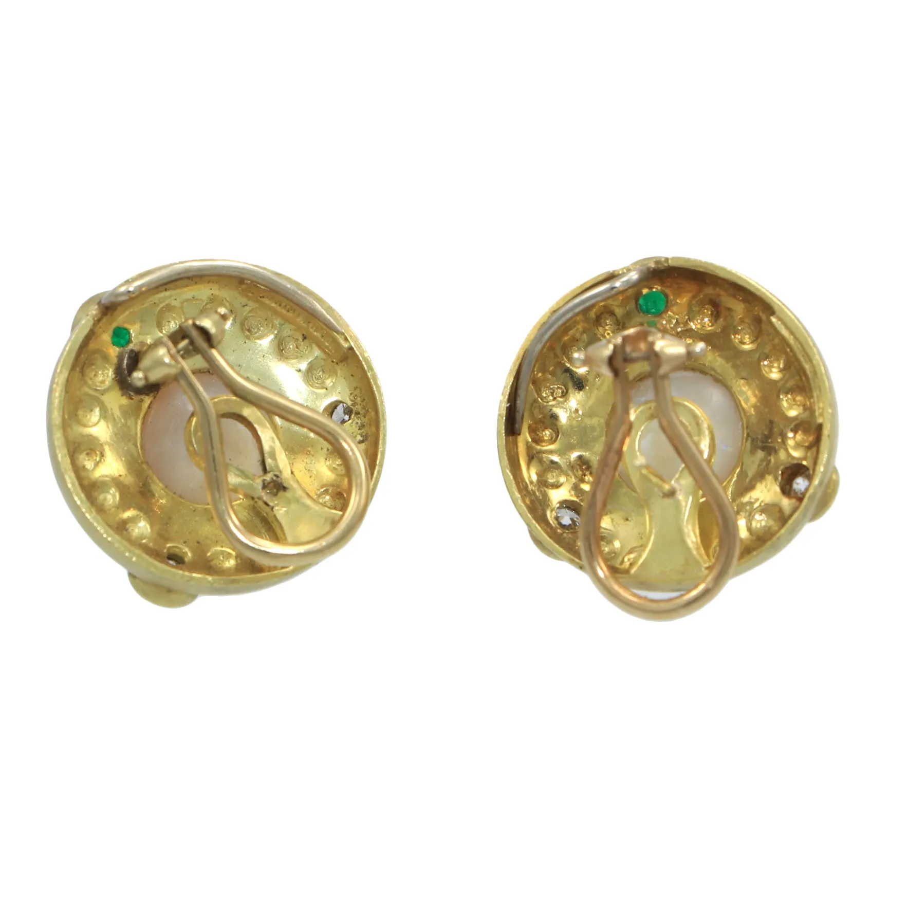 Judith Ripka 18k Yellow Gold 9mm Pearl .50ct Diamond Cabochon Emerald Earrings