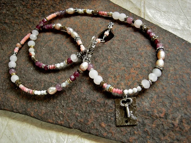 Key To Love Wrap Bracelet/Necklace, Pink Gemstone, Adjustable Length