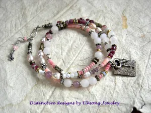 Key To Love Wrap Bracelet/Necklace, Pink Gemstone, Adjustable Length