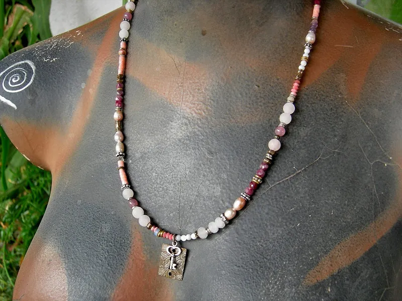 Key To Love Wrap Bracelet/Necklace, Pink Gemstone, Adjustable Length