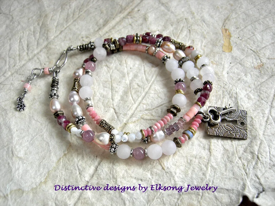 Key To Love Wrap Bracelet/Necklace, Pink Gemstone, Adjustable Length