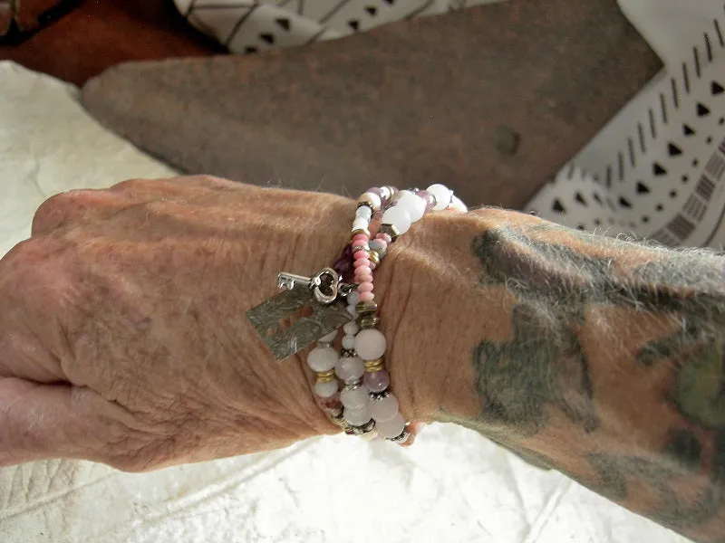 Key To Love Wrap Bracelet/Necklace, Pink Gemstone, Adjustable Length