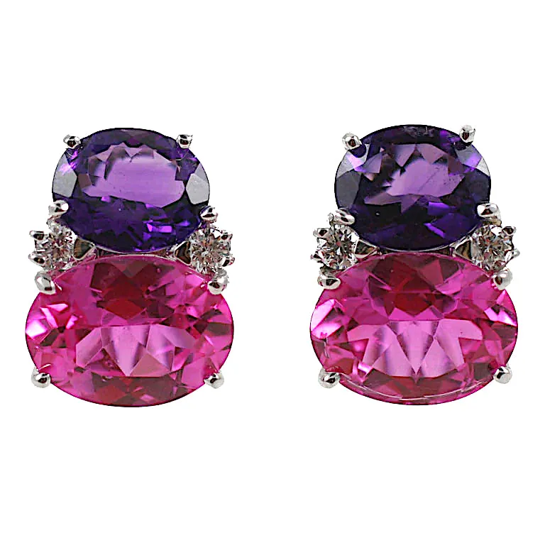 Large GUM DROP™ Earrings with Deep Amethyst and Pink Topaz and Diamonds