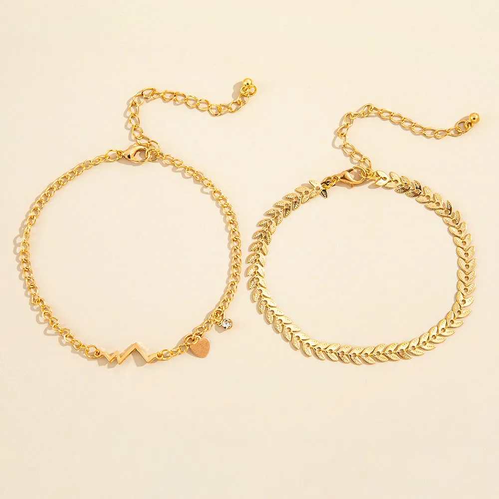 Leaf Wave Peach Heart Small Diamond Anklet Fashion Two-Piece Set