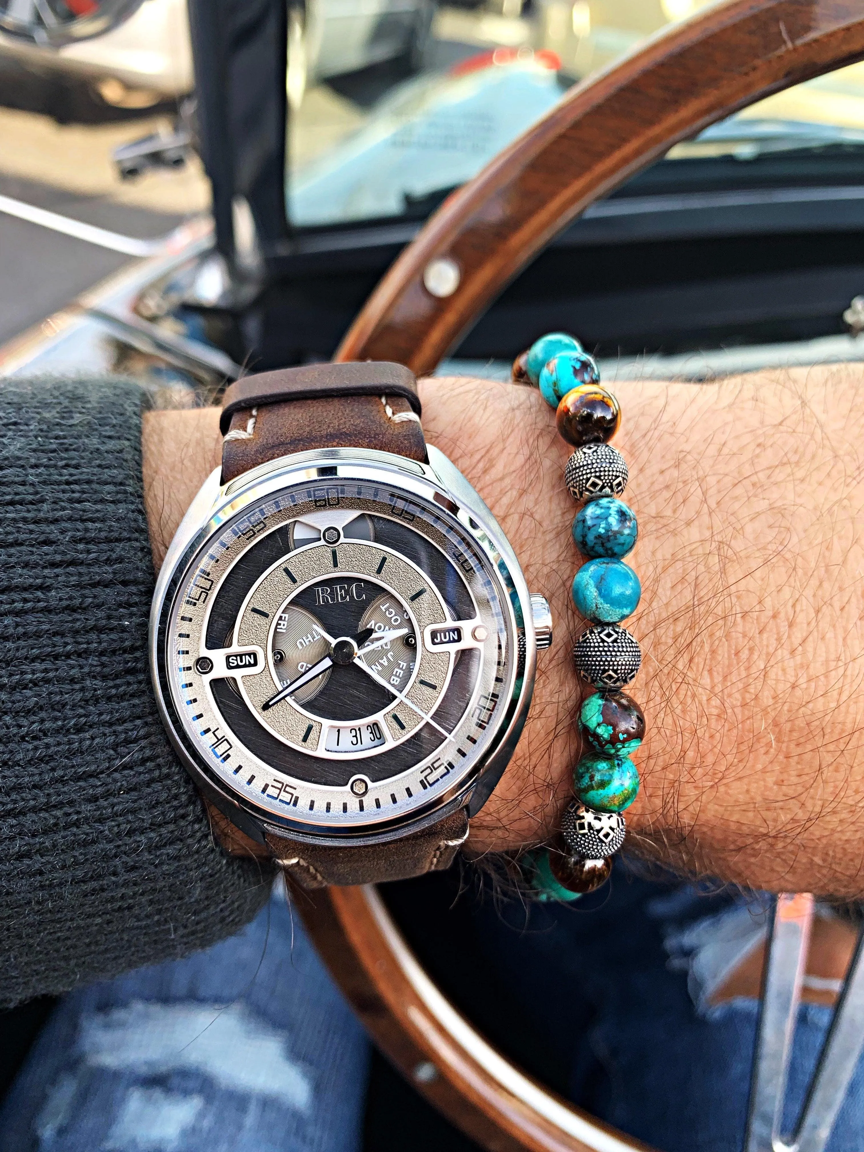 Men’s Wristband with Bali Turquoise, Tiger Eye and Indian Silver