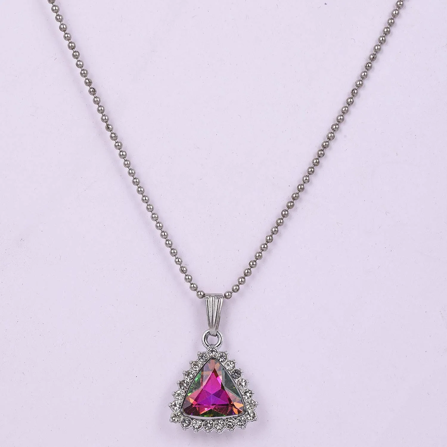 Ornamental Silver Purple Triangle Shaped Pendant with Chain for Women