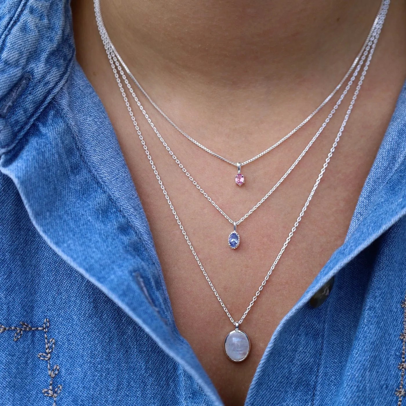 Oval Cabochon Rainbow Moonstone Necklace - Sterling Silver
