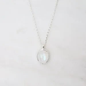 Oval Cabochon Rainbow Moonstone Necklace - Sterling Silver
