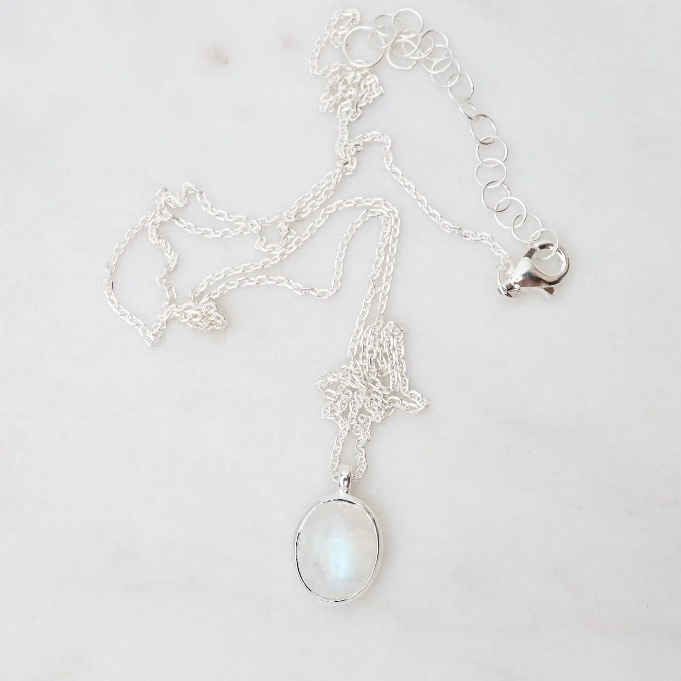 Oval Cabochon Rainbow Moonstone Necklace - Sterling Silver