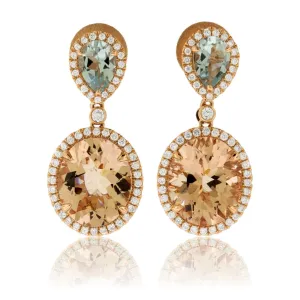 Oval Morganite, Pear Aquamarine Dangle Diamond Halo Earrings