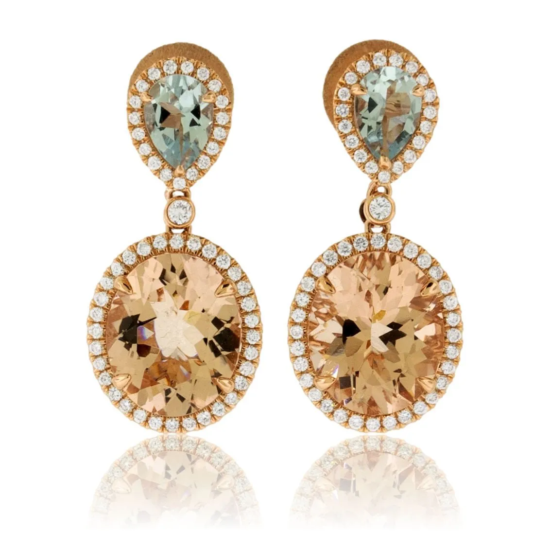 Oval Morganite, Pear Aquamarine Dangle Diamond Halo Earrings