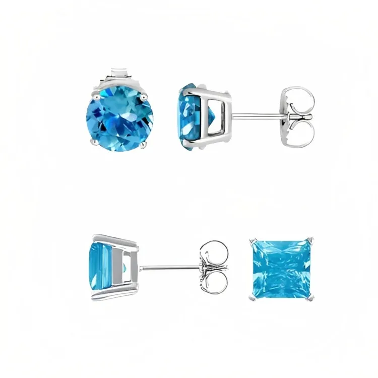 Paris Jewelry 18k White Gold 2 Pair Created Blue Topaz 6mm Round & Princess Cut Stud Earrings Plated