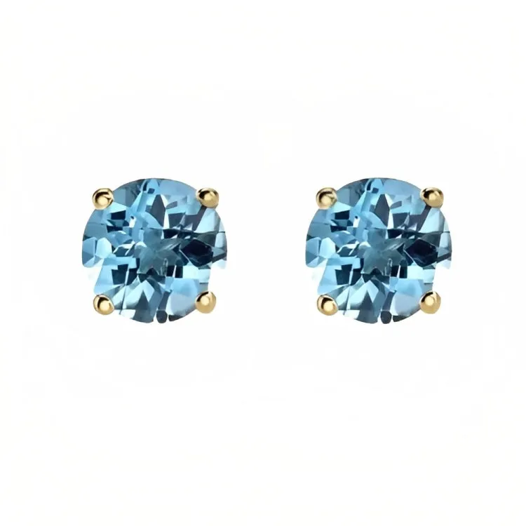 Paris Jewelry 18k Yellow Gold 2 Pair Created Blue Topaz 6mm Round & Princess Cut Stud Earrings Plated