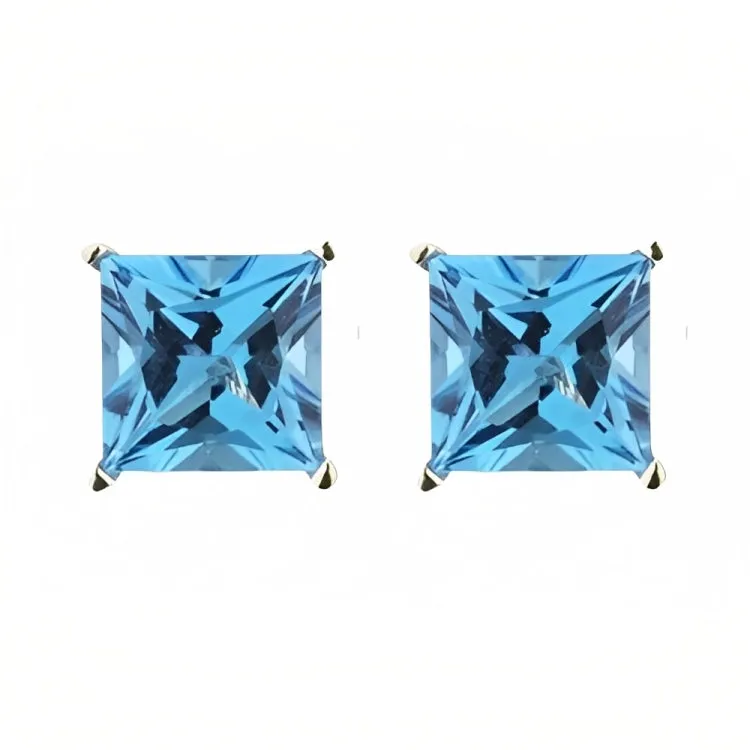 Paris Jewelry 18k Yellow Gold 2 Pair Created Blue Topaz 6mm Round & Princess Cut Stud Earrings Plated
