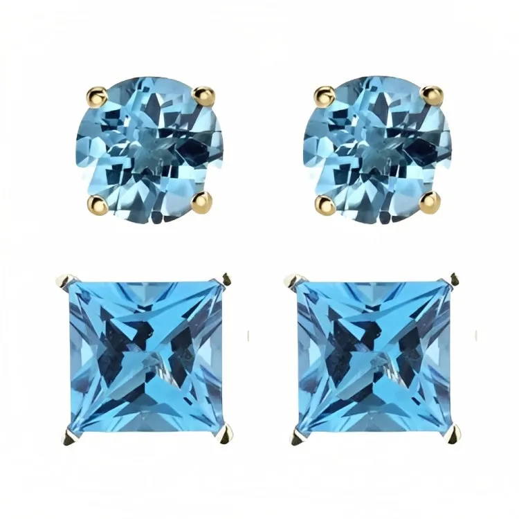 Paris Jewelry 18k Yellow Gold 2 Pair Created Blue Topaz 6mm Round & Princess Cut Stud Earrings Plated