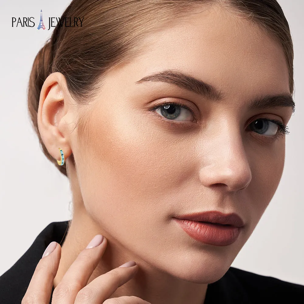 Paris Jewelry 18K Yellow Gold Created Aqua 3Ct Emerald Cut Huggie Hoop Earrings Plated