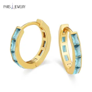 Paris Jewelry 18K Yellow Gold Created Aqua 3Ct Emerald Cut Huggie Hoop Earrings Plated