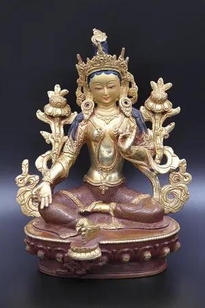 Partly Gold Plated Tibetan Deity Green Tara statue  8"