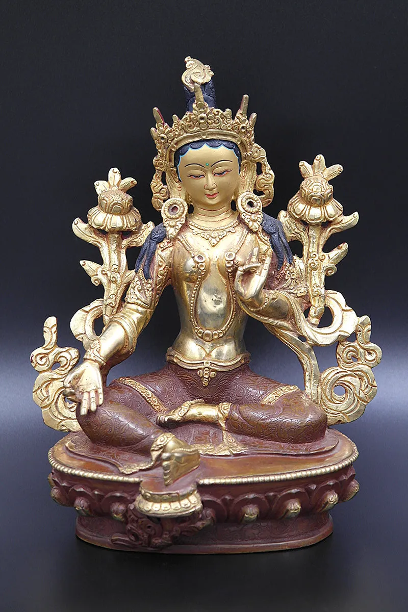 Partly Gold Plated Tibetan Deity Green Tara statue  8"