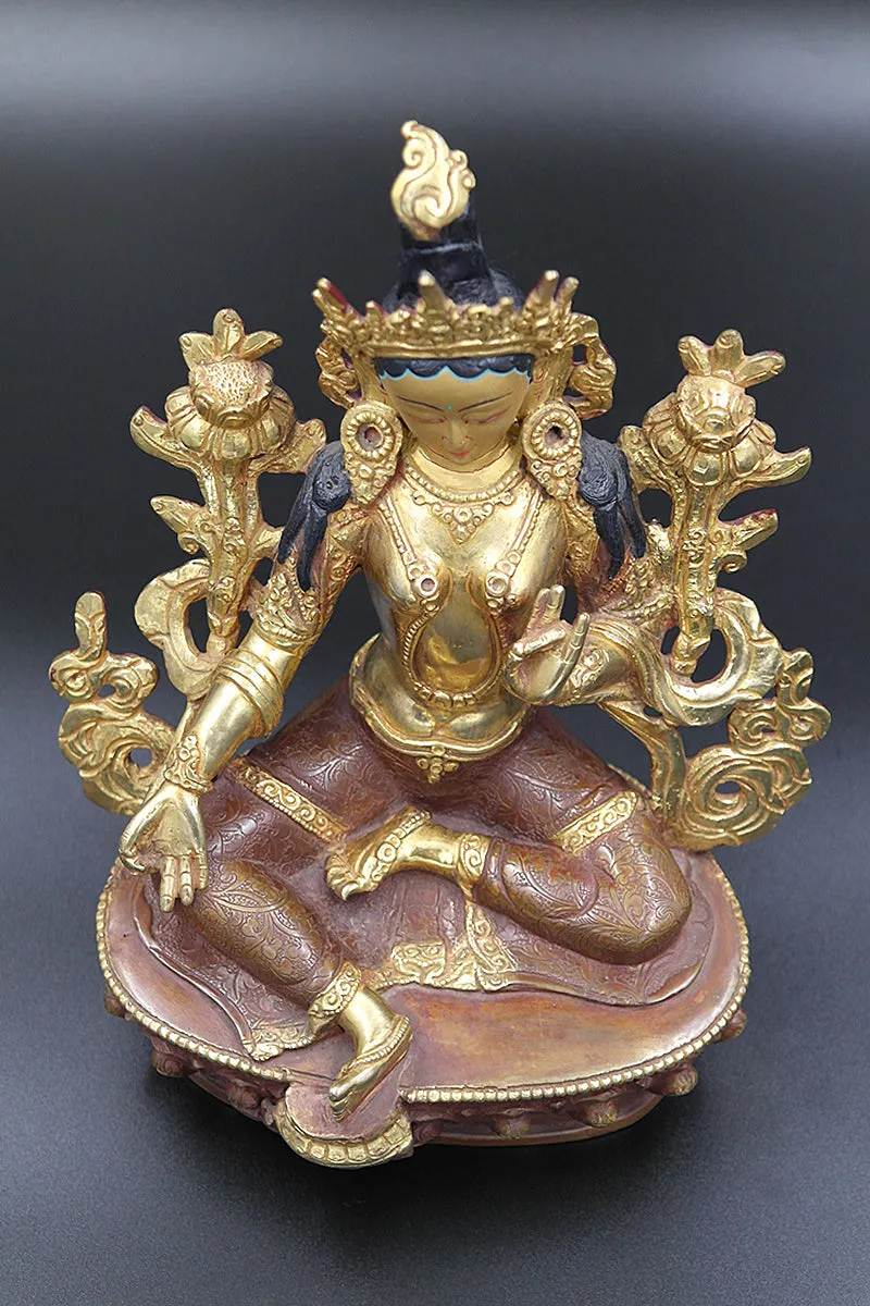 Partly Gold Plated Tibetan Deity Green Tara statue  8"