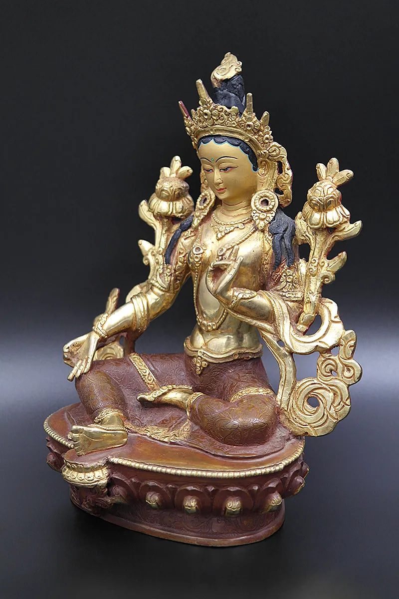 Partly Gold Plated Tibetan Deity Green Tara statue  8"