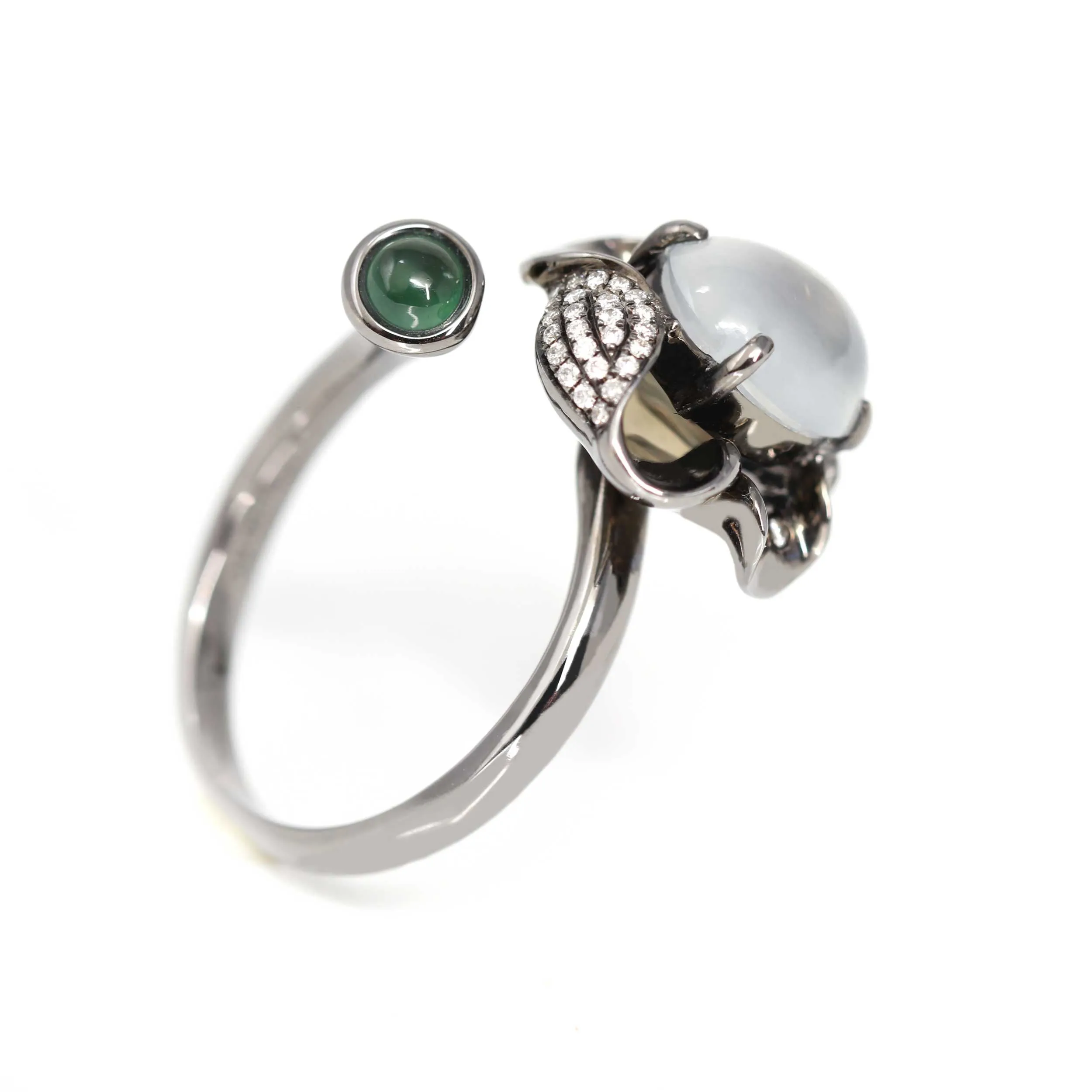 RealJade® Flower 18k Black Gold Natural Ice Jadeite Jade Engagement Ring