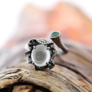 RealJade® Flower 18k Black Gold Natural Ice Jadeite Jade Engagement Ring