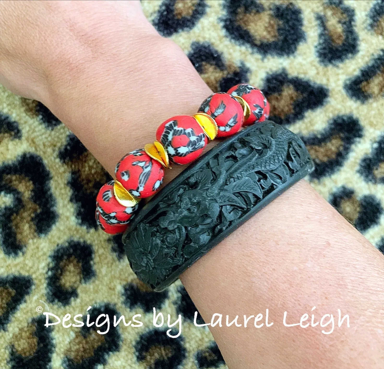 Red, Black & White African Glass Statement Bracelet