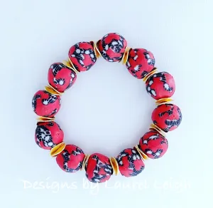 Red, Black & White African Glass Statement Bracelet