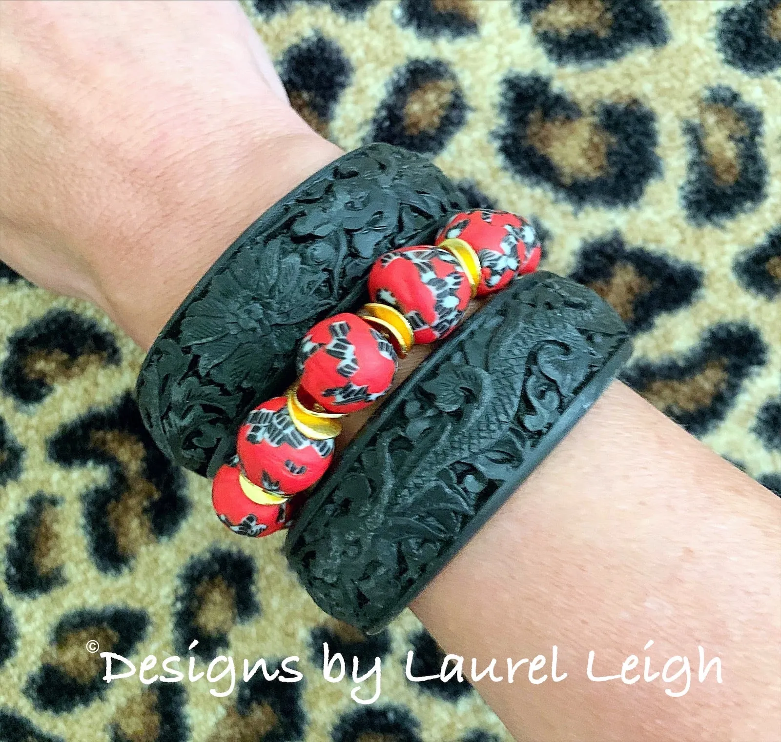 Red, Black & White African Glass Statement Bracelet