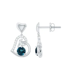 Round London Blue Topaz and Diamond Heart Drop Earring