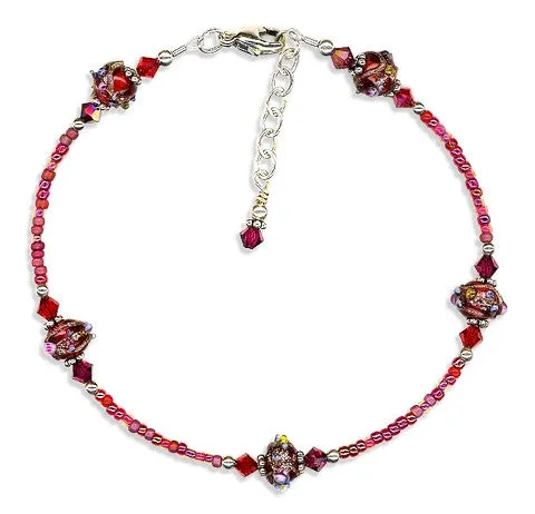 Ruby Red Lampwork Bali Anklet
