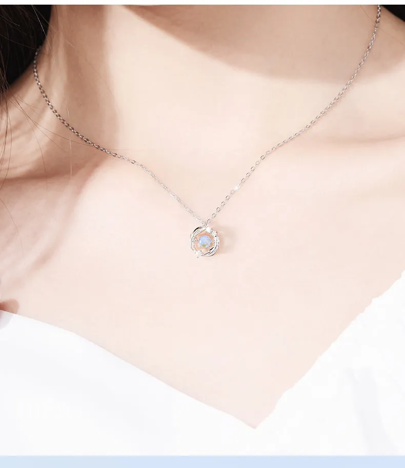Silver Flash Necklace Feather Beating Heart Moonstone Necklace